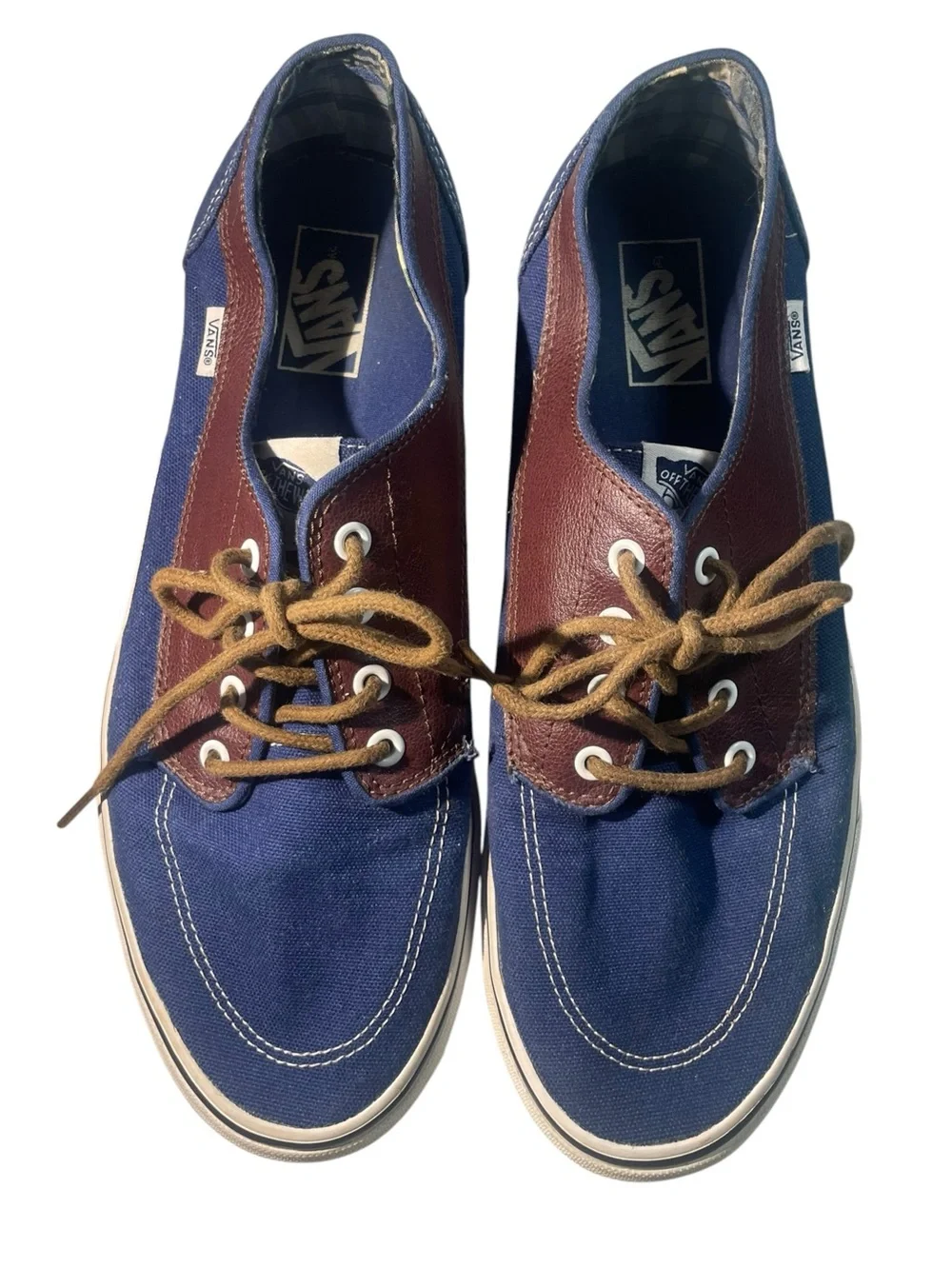 Vans Brigata Navy Blue Canvas Brown Leather-Trim Boat Shoes Men's Size 12 EUC